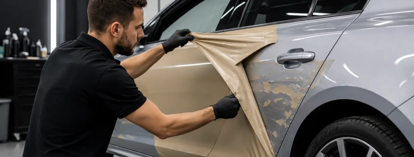 Mitarbeiter entfernt professionell eine beige Fahrzeugfolie von einem silbergrauen Auto in einem modernen Car-Detailing-Studio in Freiburg.