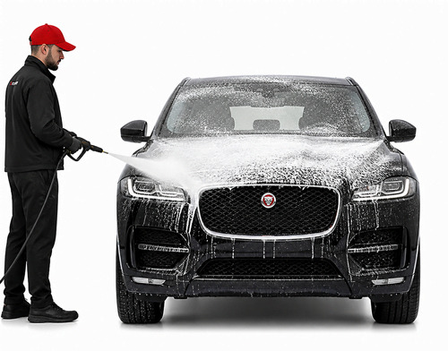 Professionelle Fahrzeugreinigung eines Jaguar SUV mit Aktivschaum bei TopDetailer Freiburg