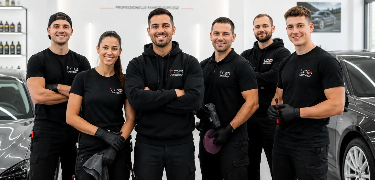 topdetailer-sechs-team-mitglieder Sechs Team-Mitglieder von Top-Detailer neben 2 Fahrzeugen in einer Aufbereitungshalle