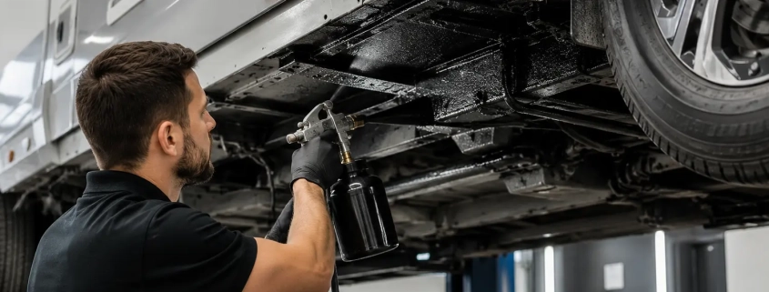 Mitarbeiter führt eine professionelle Unterbodenversiegelung an einem Wohnmobil in einer modernen Werkstatt in Freiburg durch.