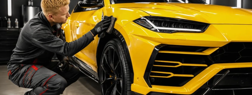 Professionelles Auto Detailing eines gelben Lamborghini Urus in einem modernen Car Detailing Studio bei TopDetailer in Freiburg